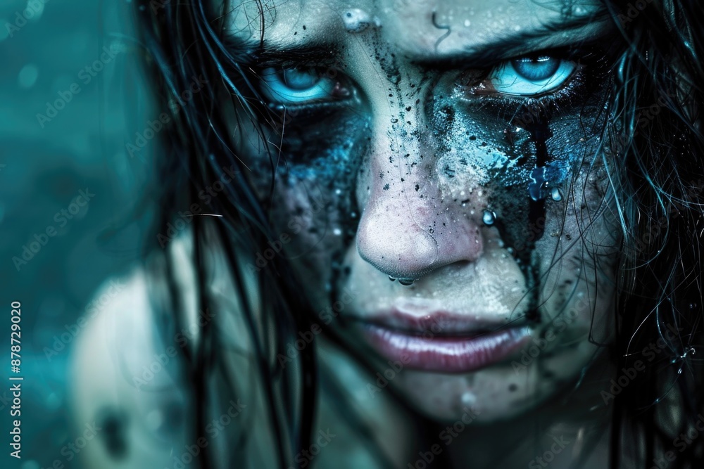 A woman with piercing blue eyes stares intensely, her face streaked with grime and tears A woman with piercing blue eyes stares intensely, her face streaked with grime and tears