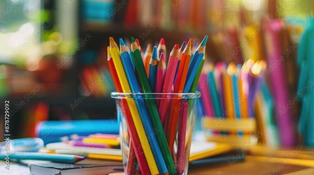 School stationery on the background of the school classroom, auditorium, back to school concept, start of learning School stationery on the background of the school classroom, auditorium, back to school concept, start of learning