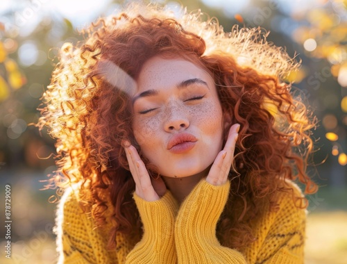 beautiful woman with curly red hair, wearing an orange sweater and blowing kiss in front of the camera photo