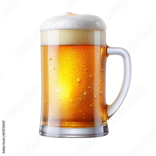 Beer mug with frothy head and condensation droplets on black background photo