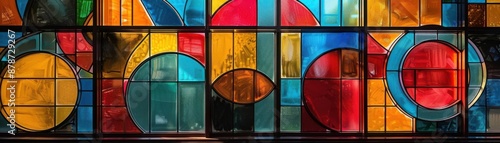Colorful geometric stained glass window with circles and rectangles, creating a vibrant and modern atmosphere