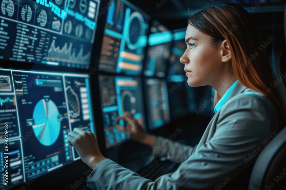 A woman in a professional setting analyzes data on multiple computer screens, illuminated by the soft glow of the monitors in a dark room A woman in a professional setting analyzes data on multiple computer screens, illuminated by the soft glow of the monitors in a dark room