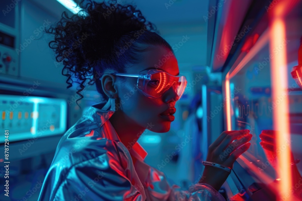 A young woman wearing protective eyewear, intently focuses on a digital display, illuminated in vibrant red and blue hues, inside a laboratory setting A young woman wearing protective eyewear, intently focuses on a digital display, illuminated in vibrant red and blue hues, inside a laboratory setting