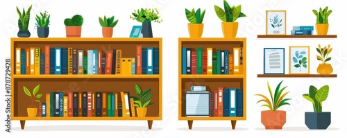 Rustic wooden bookshelves adorned with vibrant plants and neatly arranged books, creating a cozy and inviting atmosphere