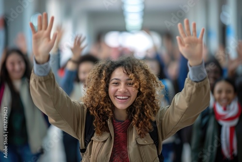 A woman with curly hair beams as she walks through a crowded hallway, arms raised in greeting