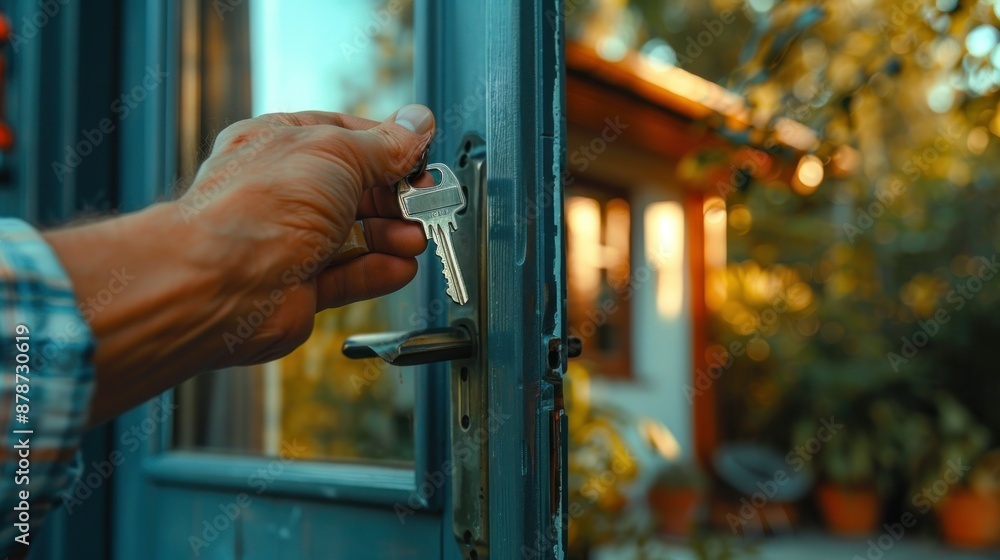 Hand unlocking a blue wooden door with a key to enter a house Hand unlocking a blue wooden door with a key to enter a house