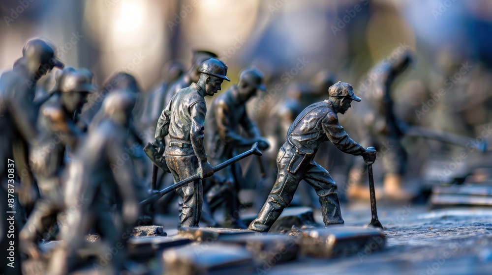 Close up of bronze workers sculpture in public display Close up of bronze workers sculpture in public display