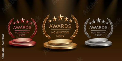 Awards nomination name podium, golden, silver, bronze prize event, scene star ceremony. Vector illustration