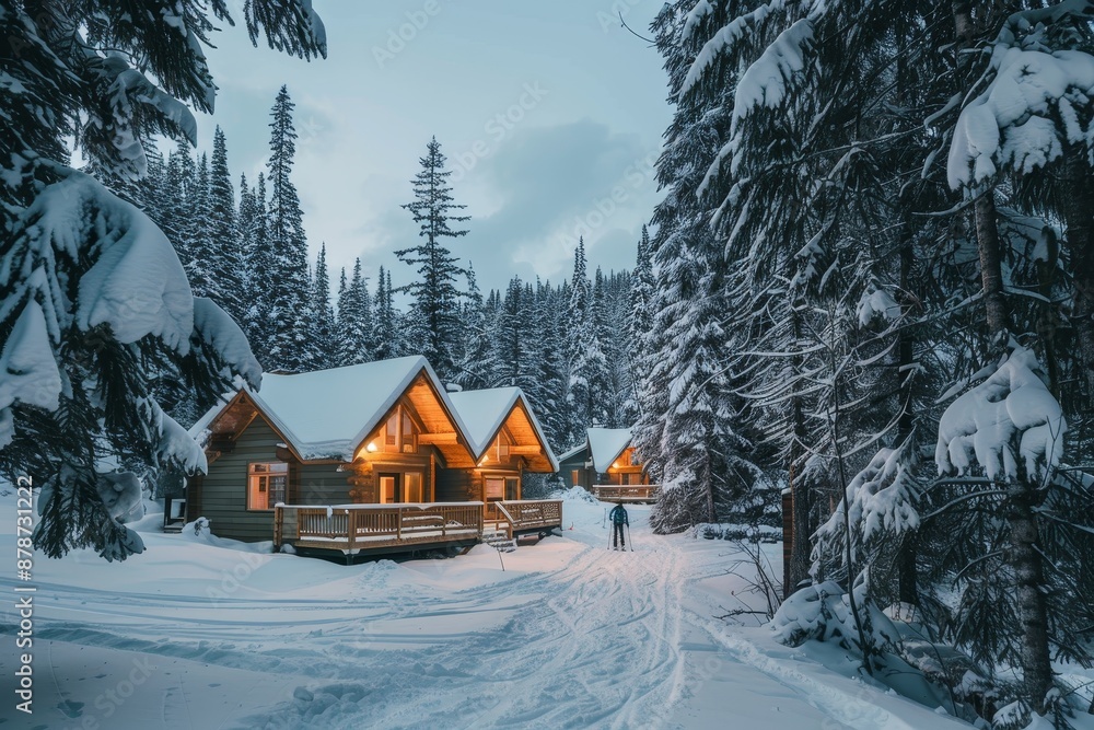 A cabin surrounded by snow-covered trees in the middle of a winter forest, Cozy cabins nestled in the snowy wilderness, with skiers passing by A cabin surrounded by snow-covered trees in the middle of a winter forest, Cozy cabins nestled in the snowy wilderness, with skiers passing by