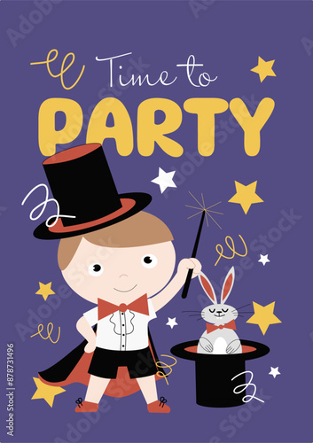 Children magic poster with magician for invitation to birthday party or children's halloween