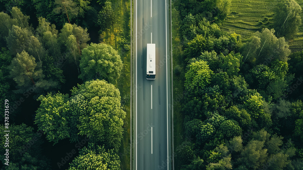 an aerial shot of an empty road with a single bus driving - seen from above.generatiive ai