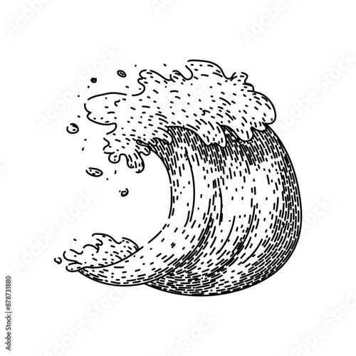 beach ocean wave hand drawn. sky horizon, texture summer, sun surface beach ocean wave vector sketch. isolated black illustration