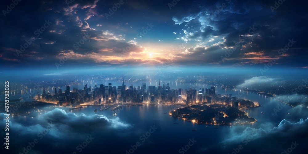 Panoramic view on planet Earth globe from space, Glowing city lights, Wide panoramic background for banner Panoramic view on planet Earth globe from space, Glowing city lights, Wide panoramic background for banner