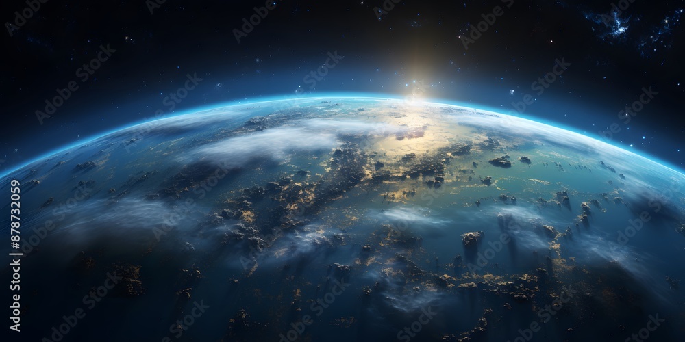 Fototapeta premium Panoramic view on planet Earth globe from space, Glowing city lights, Wide panoramic background for banner