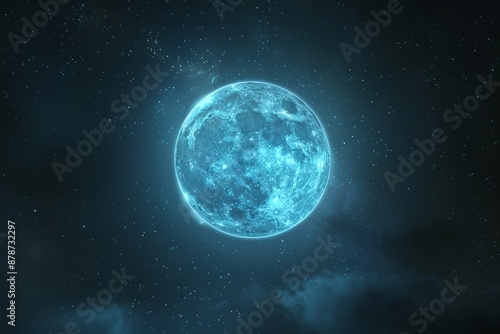 full moon with a glowing blue aura floating in the night sky