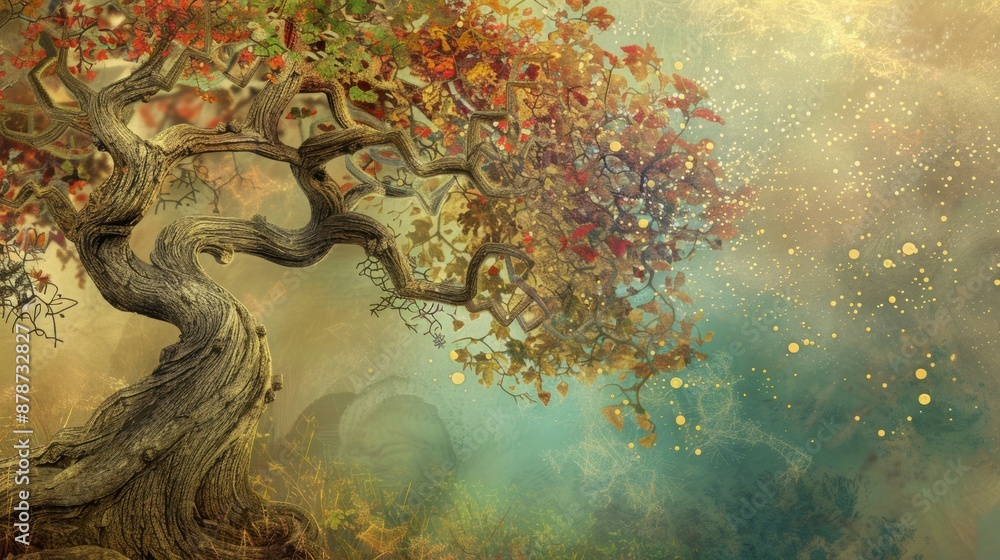 Ancient twisted tree with golden lights in a whimsical forest