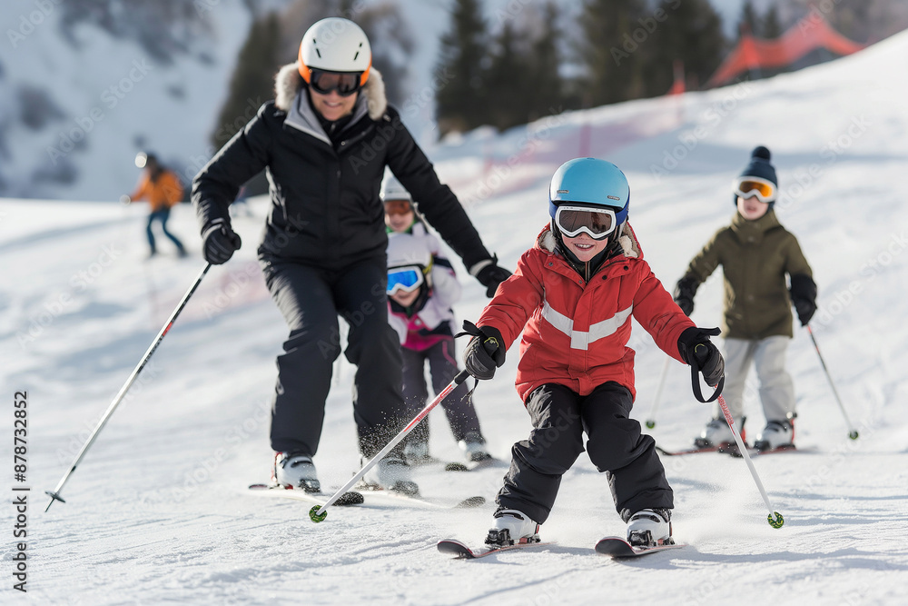 A group of people skiing on a snowy slope, including a young child A group of people skiing on a snowy slope, including a young child