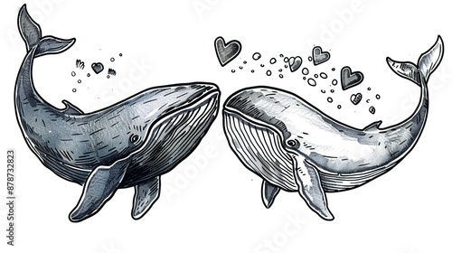 a simple drawing of two small and cute whale in love photo