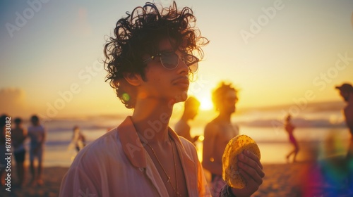 Young man eating a taco at the beach during the sunset photo