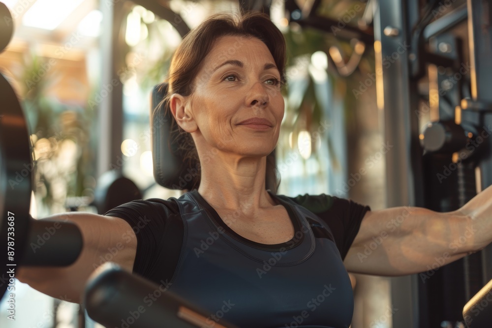 Focused Middle-Aged Woman Exercising in a gym