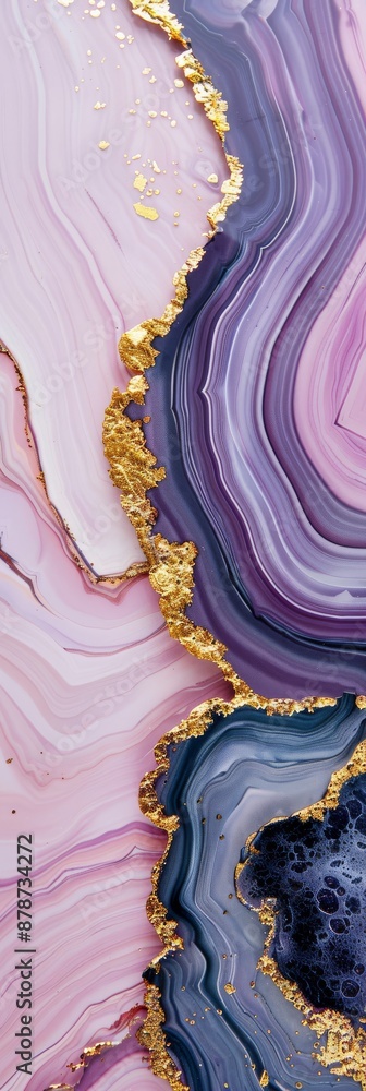 Fototapeta premium A vibrant and intricate marblelike pattern with swirling shades of purple Cupid and gold The gold specks and patterns resemble the veins and layers of a geode or agate while the purple and pink hues g