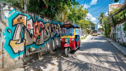 graffiti painting on a concrete alley wall. Thai tuk tuk driving by in foreground photo