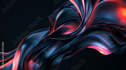 Abstrakcyjne tło - nowoczesna neonowe fale z cieniem i kolorowym światłem na czarnym tle. Olejne dynamiczne smugi na tkaninie	