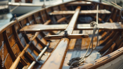 Close up shot of wooden oars and anchors of the ship