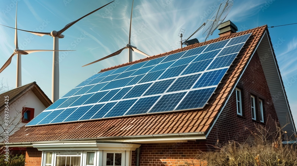 Fototapeta premium Solar panel on a roof of a house and wind turbins arround - concept of sustainable resources