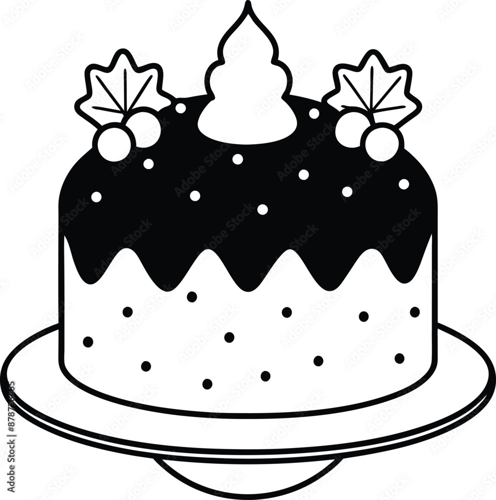 christmas cake illustration black and white. dessert, christmas, celebration, cake, holiday, bakery, festive christmas cake illustration black and white. dessert, christmas, celebration, cake, holiday, bakery, festive