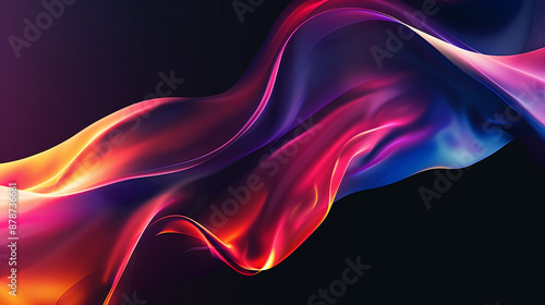 Abstrakcyjne tło - nowoczesna neonowe fale z cieniem i kolorowym światłem na czarnym tle. Olejne dynamiczne smugi na tkaninie