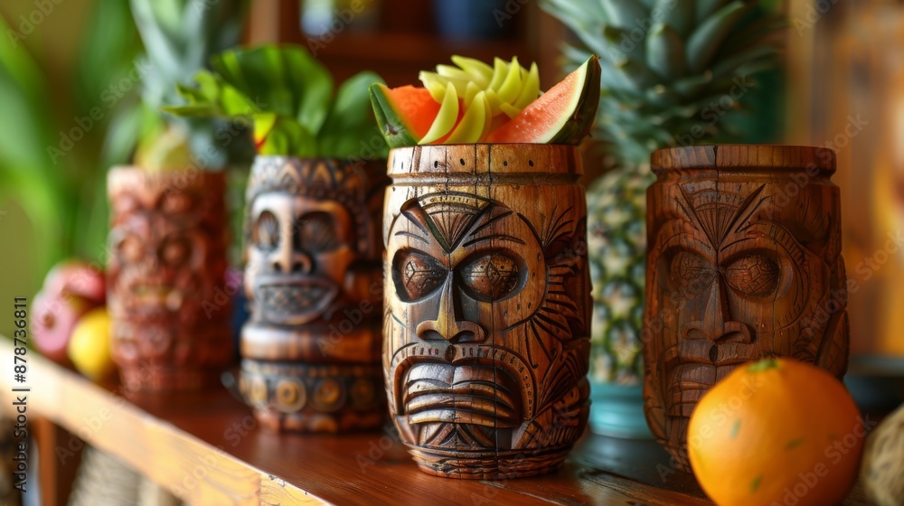 Wooden Tiki Mugs with Tropical Fruit Garnish Wooden Tiki Mugs with Tropical Fruit Garnish