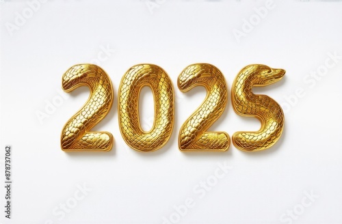 Golden numbers 2025 in the form of snake scales in honor of the symbol of the new year on a white background with space for text