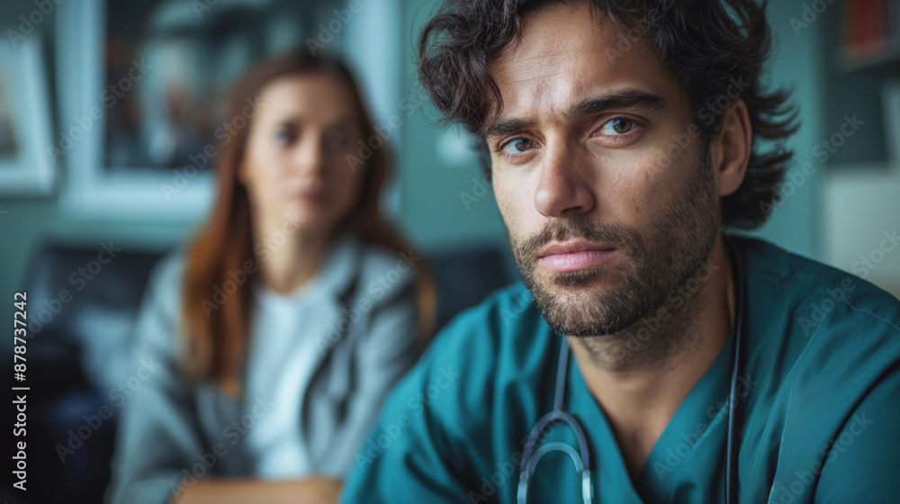 A close-up of a thoughtful doctor in scrubs with a stethoscope, and a woman in the background. A close-up of a thoughtful doctor in scrubs with a stethoscope, and a woman in the background.