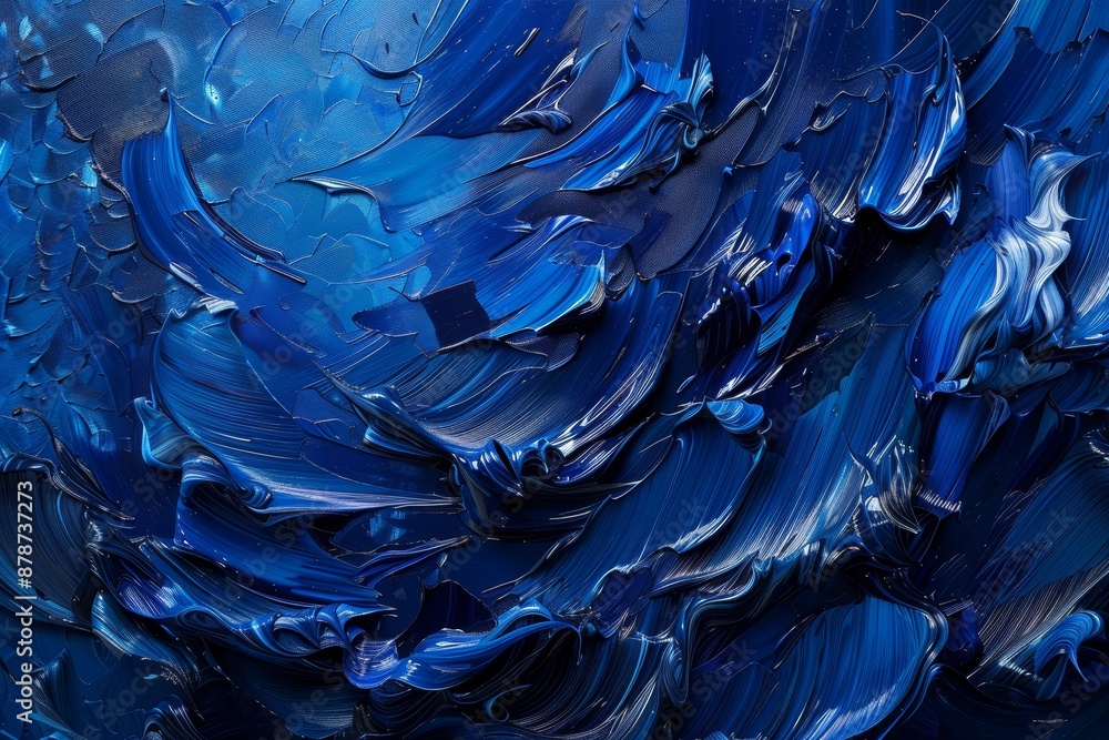 Detailed view of layered textures and shades of blue in an abstract painting, Craft a dynamic composition with layers of deep blue tones bursting outwards in a dramatic display Detailed view of layered textures and shades of blue in an abstract painting, Craft a dynamic composition with layers of deep blue tones bursting outwards in a dramatic display