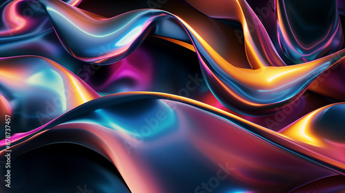 Abstrakcyjne tło - nowoczesna neonowe fale z cieniem i kolorowym światłem na czarnym tle. Olejne dynamiczne smugi na tkaninie	