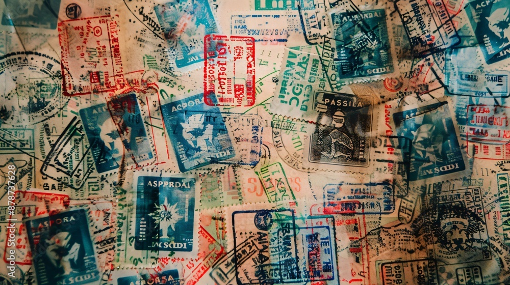 Various passport stamps and visas forming a global travel pattern Various passport stamps and visas forming a global travel pattern