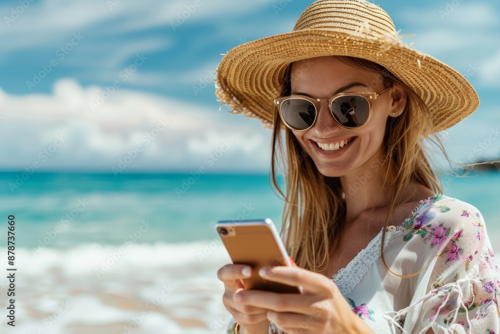 Fototapeta premium Woman enjoying sunny beach day with smartphone and straw hat