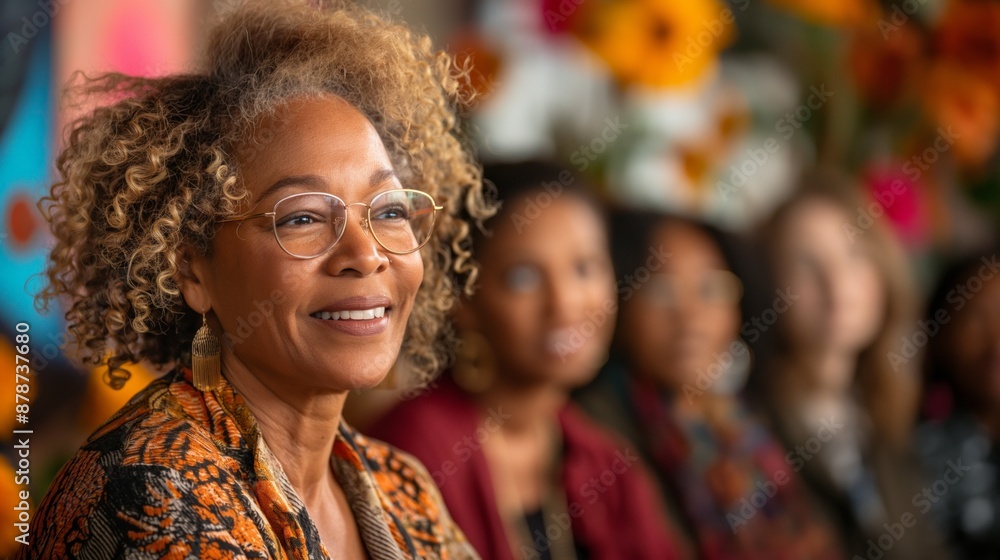 Smiling elderly woman with curly hair and glasses in front of a colorful background with other people. Smiling elderly woman with curly hair and glasses in front of a colorful background with other people.