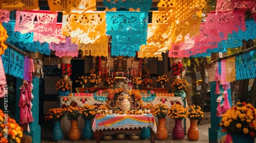 Decorated altar with flowers and paper flags for day of the dead celebration in mexico
