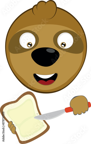 vector illustration face bear sloth character animal cartoon, spreading butter on a slice of bread with a spreader