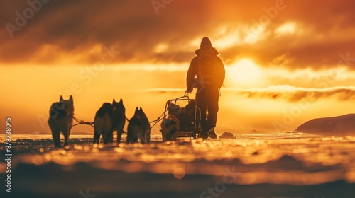 A man leads a dog sled team under the orange glow of a beautiful winter sunset in a snowy landscape.