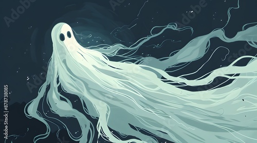 A ghostly figure with long, flowing hair floats in the darkness photo