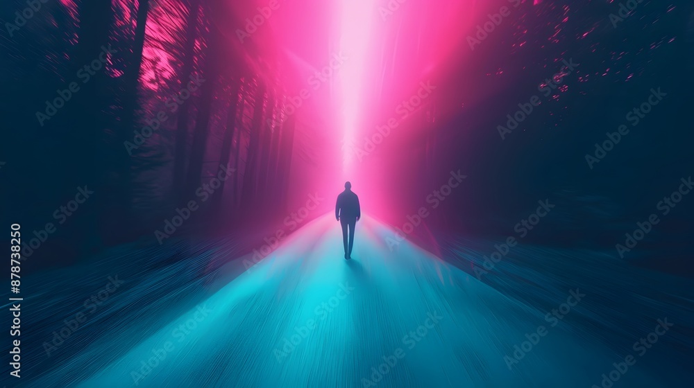 Fototapeta premium A lone figure walks down a foggy road illuminated by a vibrant pink and blue light