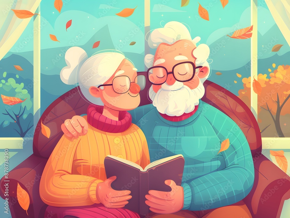 A loving elderly couple sits together reading a book in their cozy home. Autumn leaves fall outside the window. They are enjoying their retirement together. A loving elderly couple sits together reading a book in their cozy home. Autumn leaves fall outside the window. They are enjoying their retirement together.