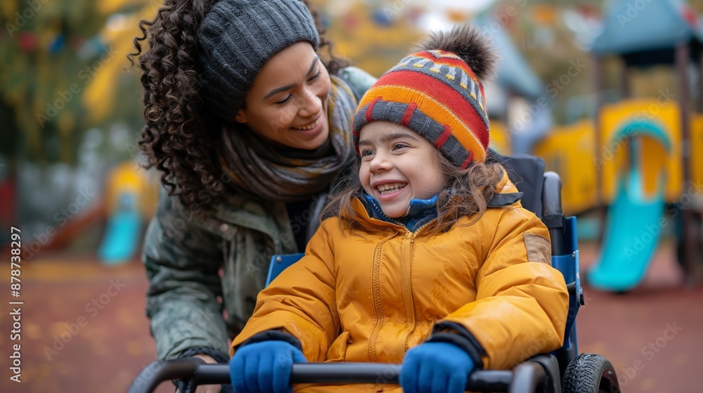 A mother and child in a wheelchair enjoying a happy moment together in an autumn park. A mother and child in a wheelchair enjoying a happy moment together in an autumn park.