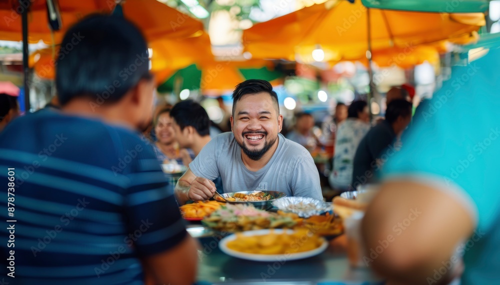 Joyful man savors delicious street food in bustling Asian market Joyful man savors delicious street food in bustling Asian market