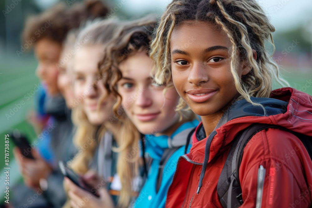 Group of diverse teenage friends smiling and using smartphones outdoors, perfect for representing social media, youth, and friendship themes. Group of diverse teenage friends smiling and using smartphones outdoors, perfect for representing social media, youth, and friendship themes.