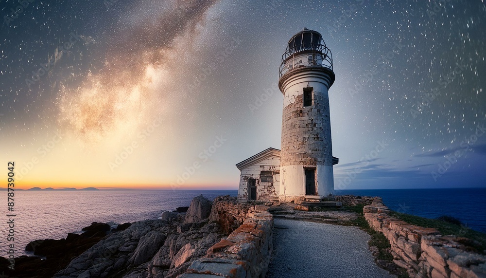 Naklejka premium Cosmic Tranquility: Starry Sky and Milky Way Over an Isolated Lighthouse by the Sea. Generative AI