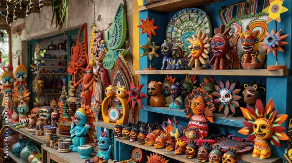 Fototapeta premium Colorful wooden masks and figurines displayed in a shop in india